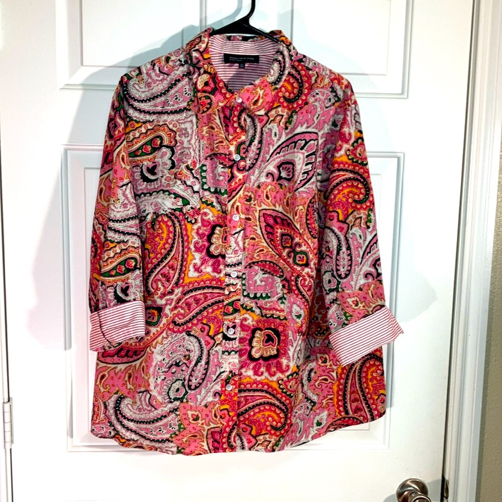Jones New York Signature Paisley Button Down Long Sleeve Cotton Blouse Size 3X